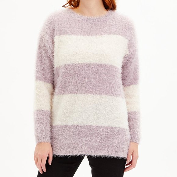 NWT Evelyn Taylor | Lilac & White Stripe Feather Yarn Sweater - M - Picture 1 of 7